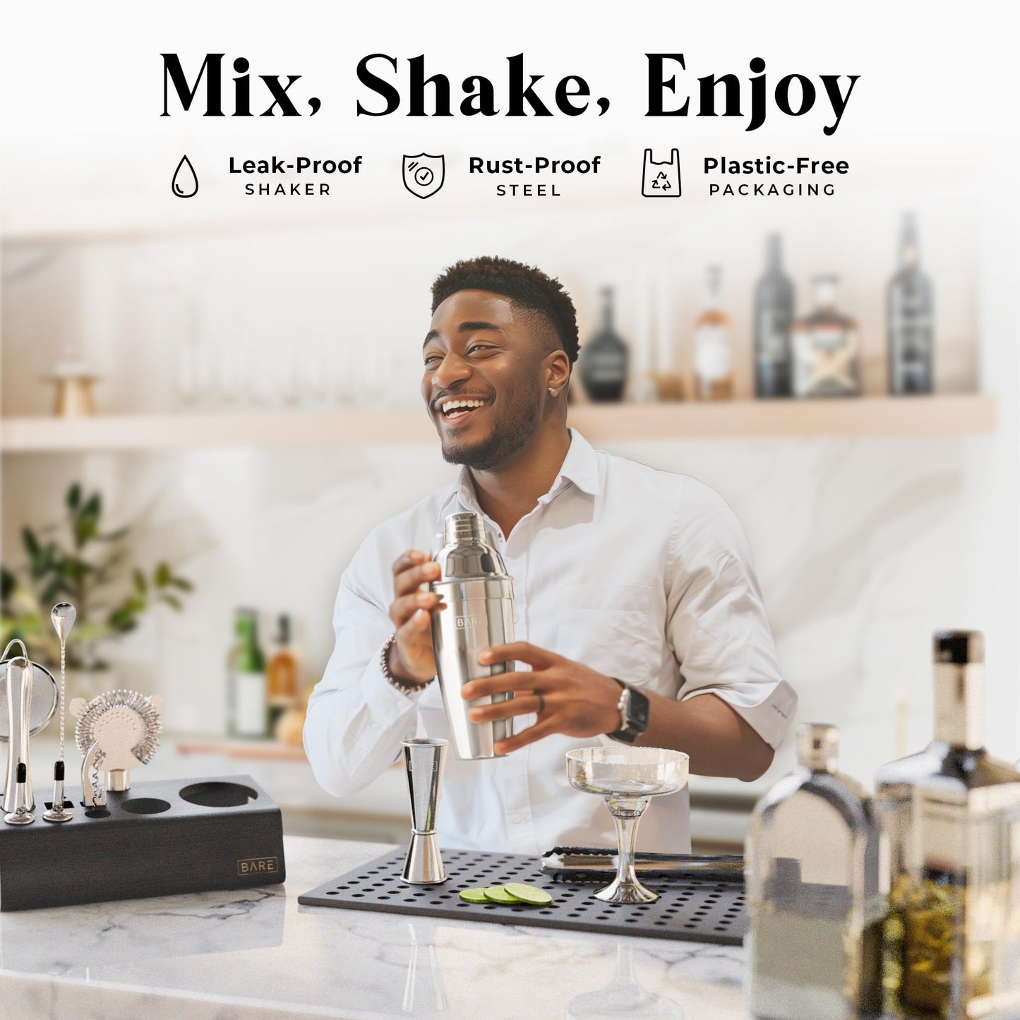 BARE BARREL® Mixology Bartender Kit Bar Set | 14-Piece Cocktail Shaker Set | Martini Barware Mixing Tools for Home Bartending | Incl. 35 Recipe Cards | Gift Set (24oz Cobbler Shaker, Silver/Black)