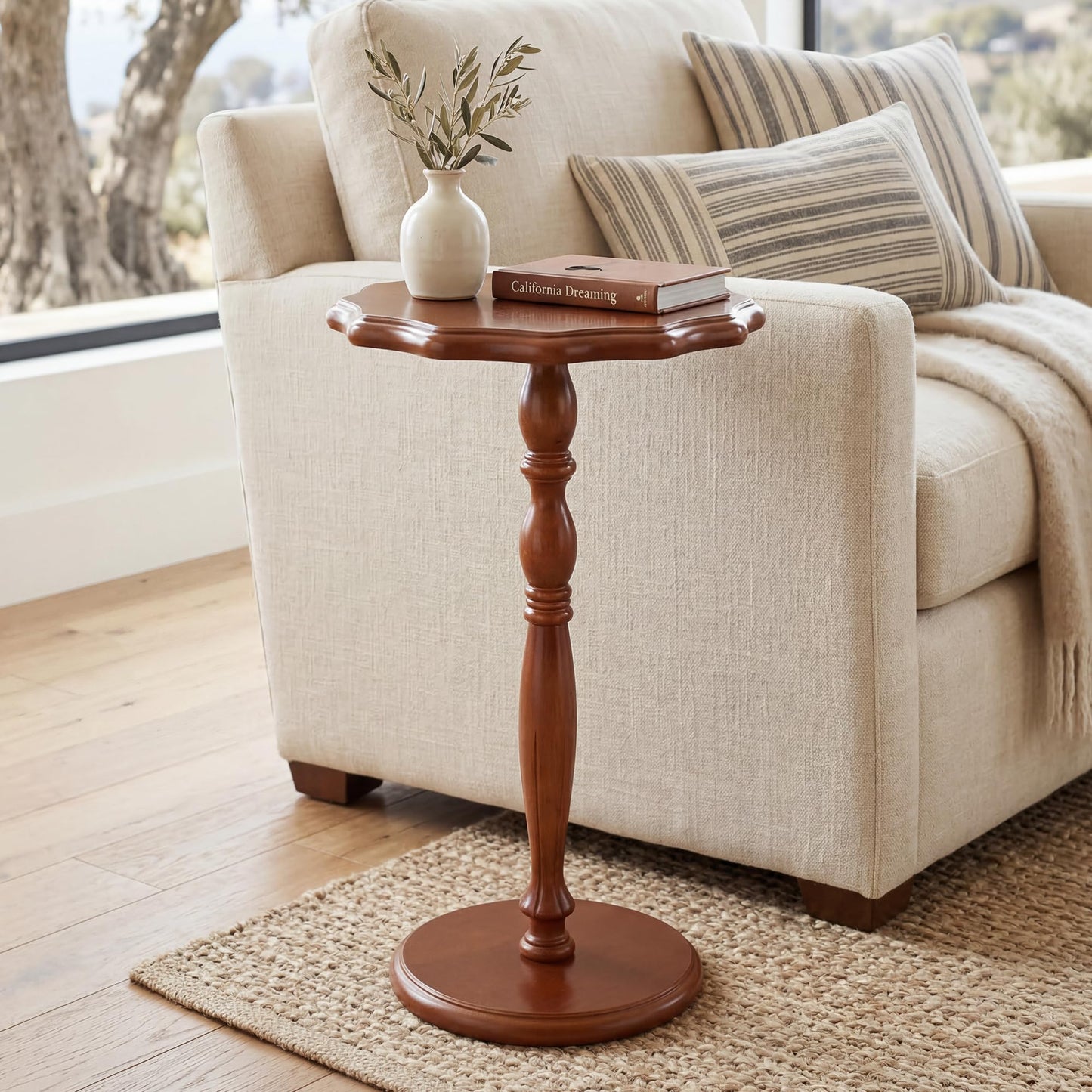 STO'SENSE Round Side Table, Drink Table for Small Spaces,Modern Accent Nightstand w/Solid Wood Leg,Mid-Century Pedestal Sofa Table w/Classic Sculpted Design for Living Room,Tool-Free Assembly,Walnut