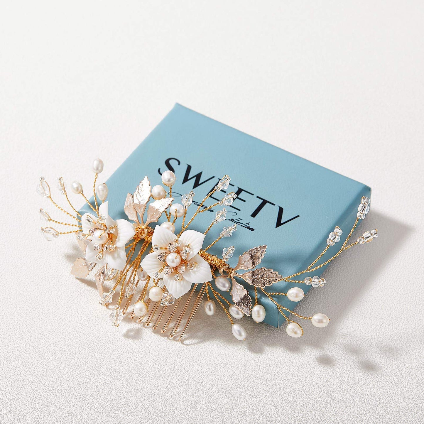 SWEETV Wedding Hair Comb for Bridal Hair Accessories, Handmade Flower Bridal Hair Clip Hair Pieces, Gold, 5.12 *2.75 inches, 1 Count (Pack of 1)