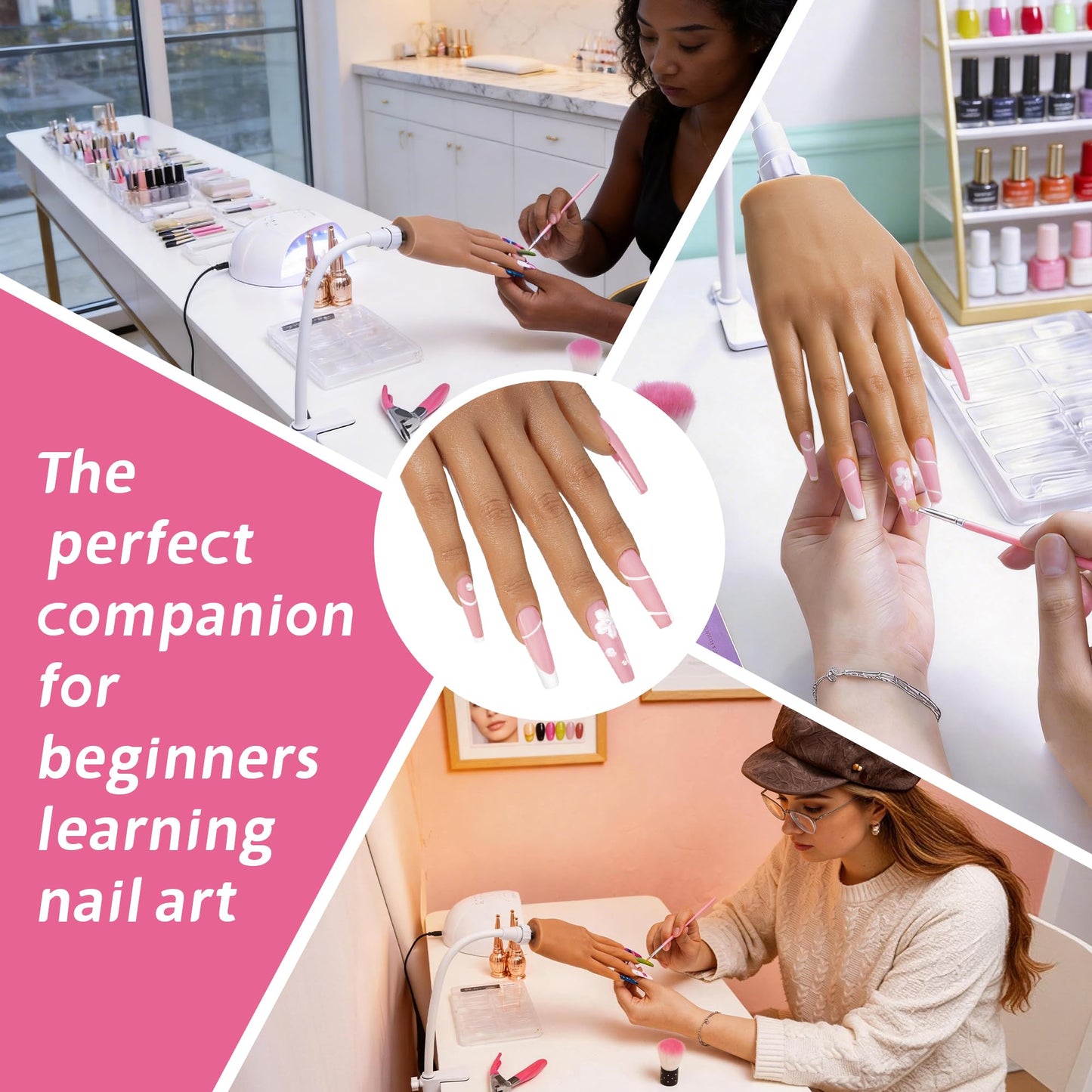 Veikmv Practice Hand for Acrylic Nails,Realistic Silicone Training Hand with Flexible Fingers for Nail Art Practice,Professional Mannequin Hand Model Kit for Gel Polish & Manicure Beginners