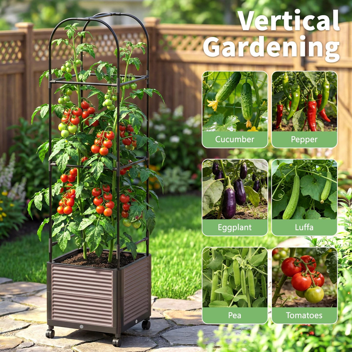 DoCred 60" H Raised Garden Bed Planter Box with Wheels, 3 Pack Tomato Cage Planter Raised Garden Bed with Trellis for Climbing Vegetables Plants Tomato Cage, Indoor Outdoor Use