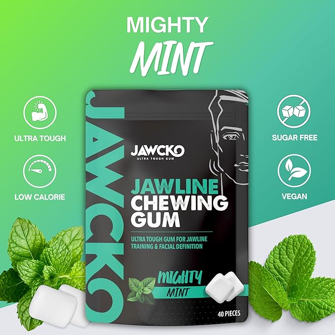JAWCKO Ultra-tough Jawline Chewing Gum | Get a Stronger, Squarer Jawline | Mighty Mint Jaw Training Hard Gum | Chisel, Sculpt, Tone your Jaw | 15X Hardness | Facial Fitness Mewing Gum | 40 Pieces/Pack