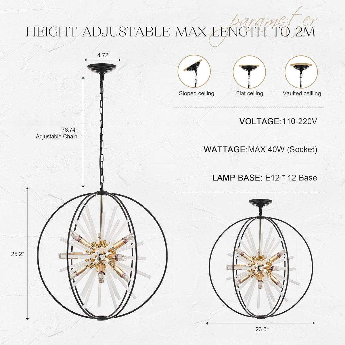 23.6" Black Gold 12-Light Globe Sputnik Chandelier Modern Adjustable Hanging Ceiling Glass Tube Pendant Light Fixture for Entryway Foyer Staircase Dining Living Room Hallway
