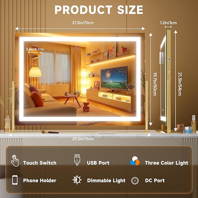 Hasipu Vanity Mirror with Lights, 28" x 20" LED Makeup Mirror, Light up Mirror with 10X Magnification and Phone Holder, USB Charging Port, Smart Touch 3 Colors Dimmable, 360° Rotation (Gold)