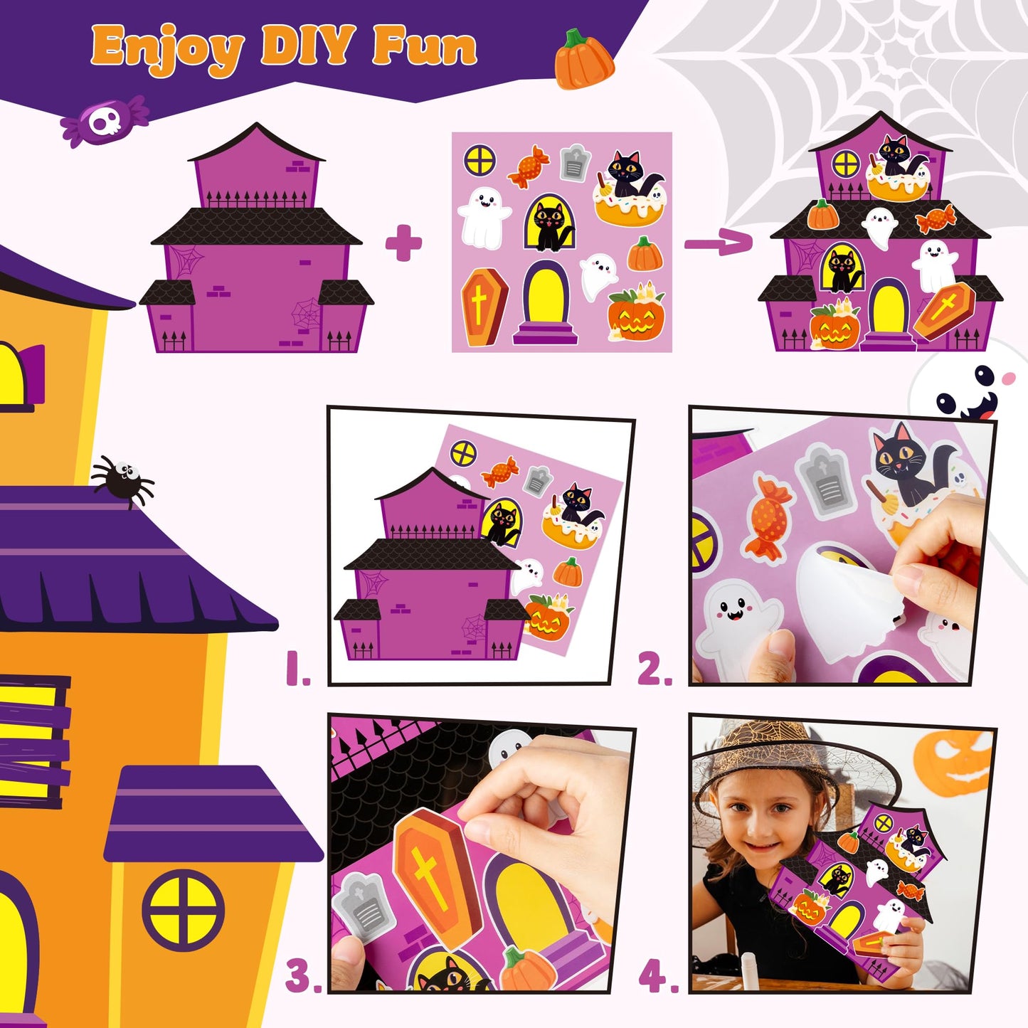 CY2SIDE Halloween Haunted House Stickers - 24 Set Make A Haunted House Craft Kits for Kids, DIY Halloween House Scene With Witch Sticker, Class Activity