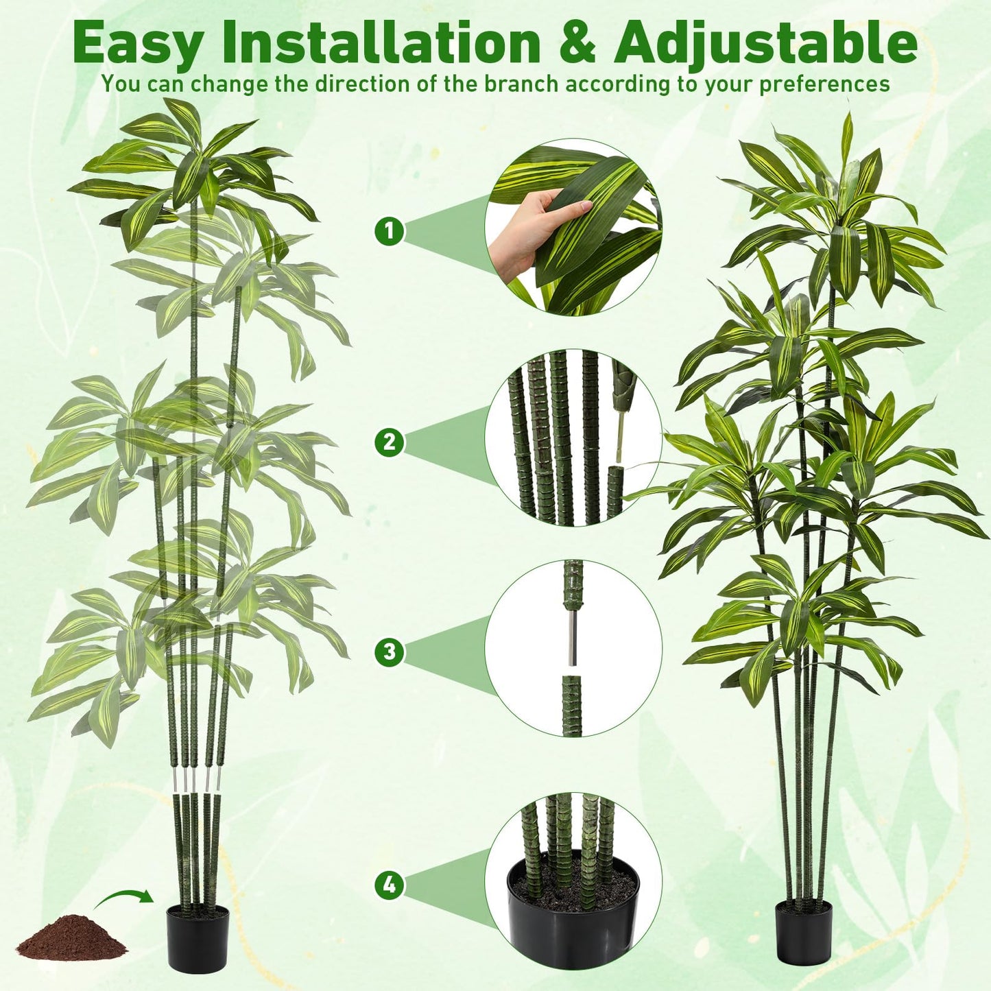 Giegxin 2 Pack 6 FT Artificial Dracaena Tree, Indoor Fake Tree with Black Stable Planter, Natural Wood Trunk & Lifelike Leaves Dracaena Plants for Home Living Room Porch Office Housewarming Gift