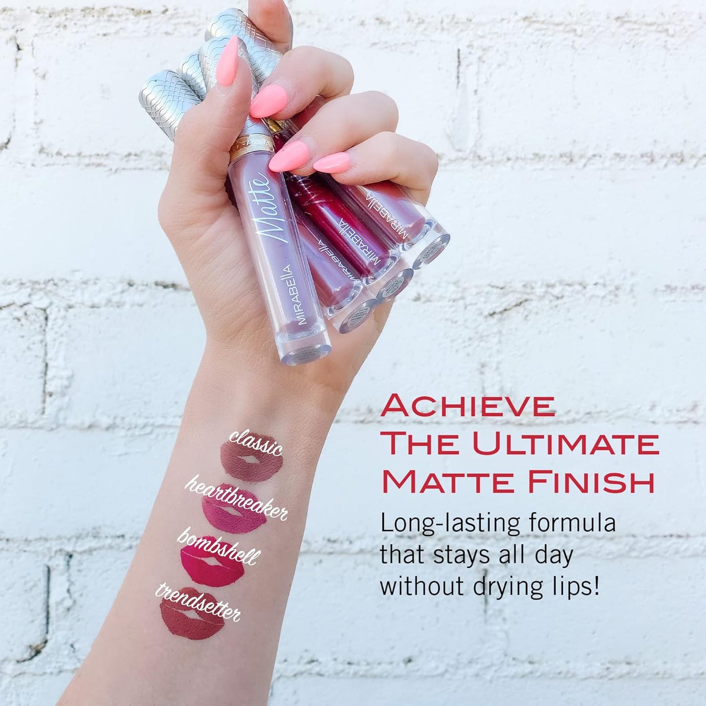 Mirabella Luxe Advanced Formula Matte Lip Gloss, Richly Pigmented Long-Wear and Full-Coverage Liquid Lipstick, Matte Lipstick for Women Stays Put and Won't Dry or Crack Lips, Classic