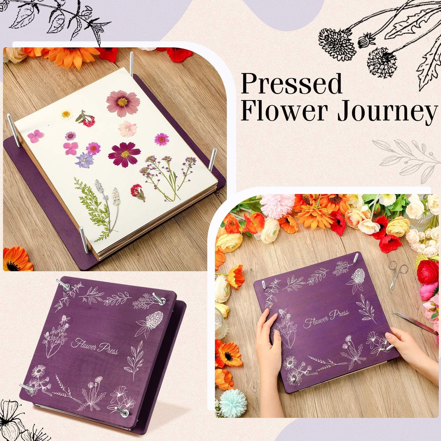 Hoolerry Extra Large Flower Press Kit 11" x 11" Wooden Floral Presser 10 Layers Wedding Bouquet Preservation Kit Dried Flower Art for Bookmark Floral Drying Gift(Lavender)
