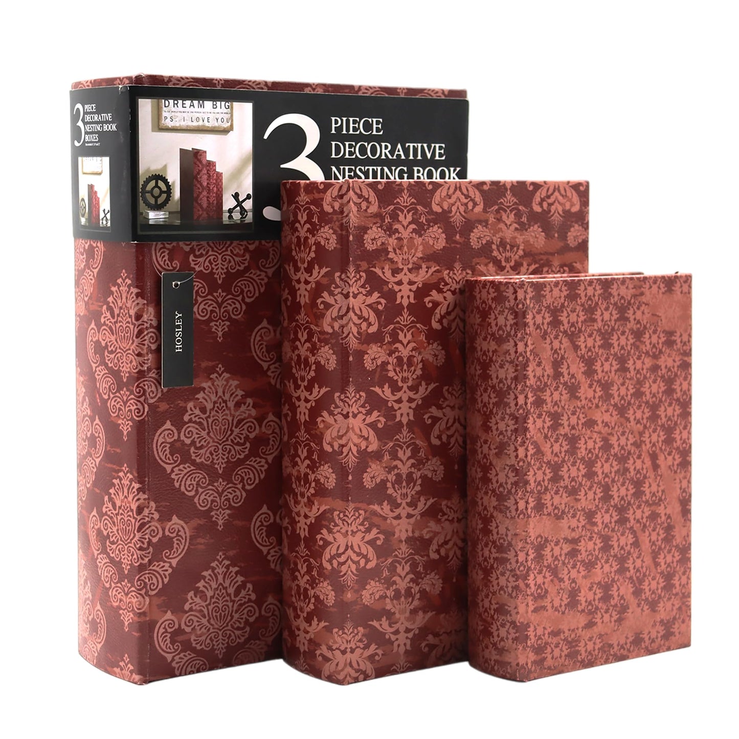 Hosley Farmhouse Memory Book Boxes Set of 3, Red Brown & Gold, Decorative Nesting Storage Boxes 12 10 8 Inch, Faux Leather Keepsake Photo Jewelry Box for Wedding Gift