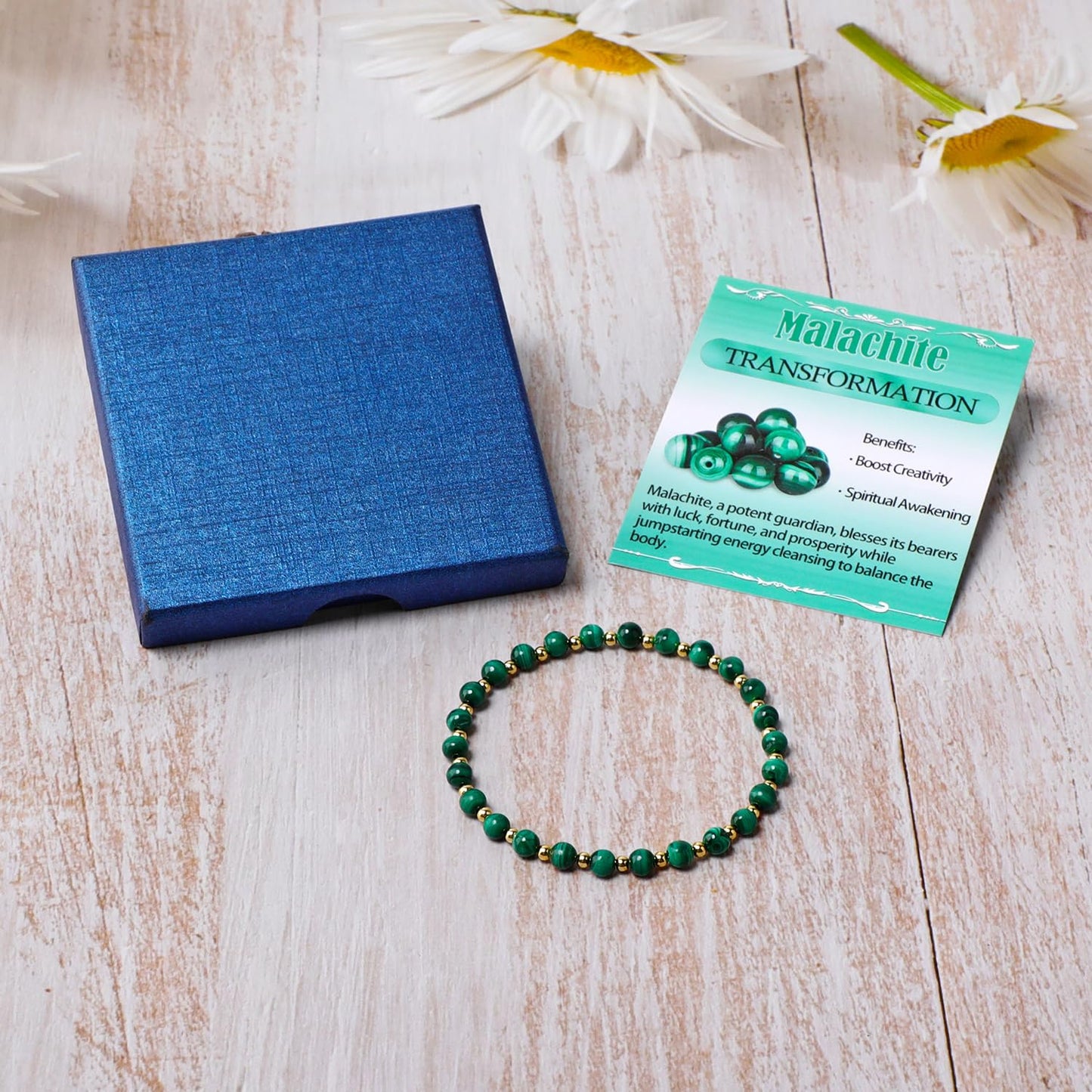 QOGIR Malachite - Transformation - 14K Gold Plated Beads Natural Gemstone Stretch Elastic Dainty Healing Beaded Bracelets Gifts 4mm