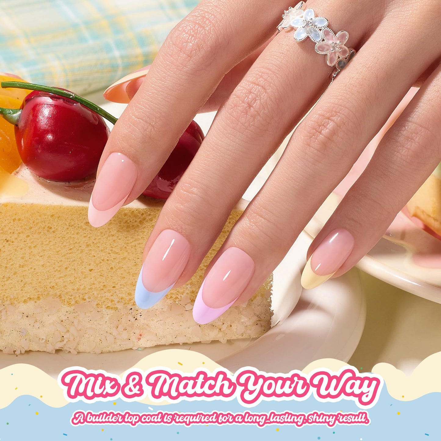 Beetles French Tips Press On Nails - Pastel Spring Medium Almond 6 Colors 192 Pcs with Summer Press On Nails 224 Pcs 7 Colors French Tip Medium Almond