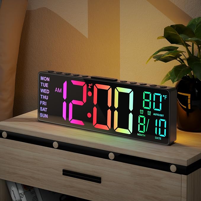 JALL 10.5'' Large Digital Alarm Clock with Big LED Number for School Classroom, Remote Control, RGB Colors,Timer, Dual Alarm, Temperature for Bedroom, Living Room, Gift for Senior Student Teacher