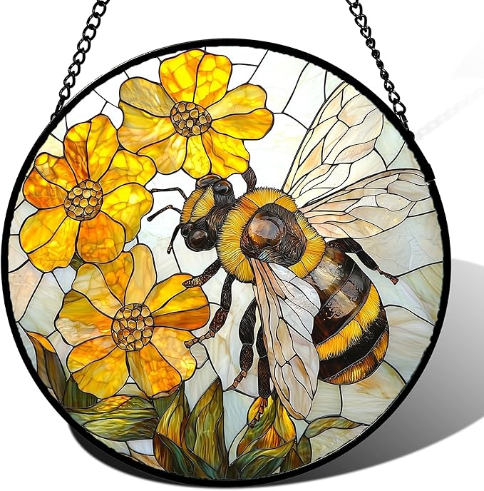 Stained Glass Window Hanging - Yellow Bees Gathering Flowers Sun Catcher for Door Garden Home Decor Cute Suncatcher Christmas Mother's Day Birthday Gifts for Women Men Mom Nana 9.8 in