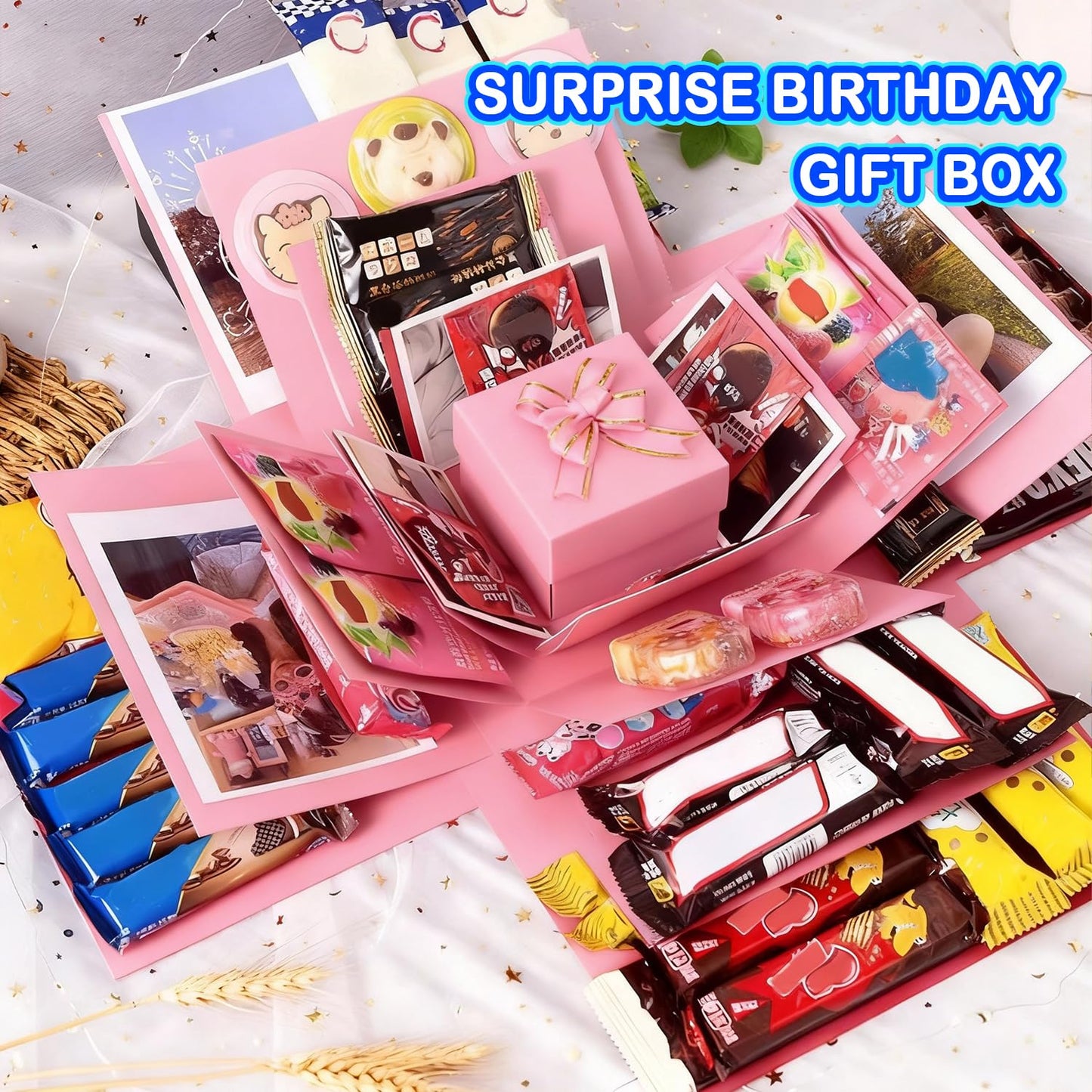 5-Layer creative explosion gift box, gift wrap box. Creating a 5-Layer of various gifts by yourself. An ideal, mysterious self-made gift for birthday, Christmas and anniversaries. (Pink, Square)