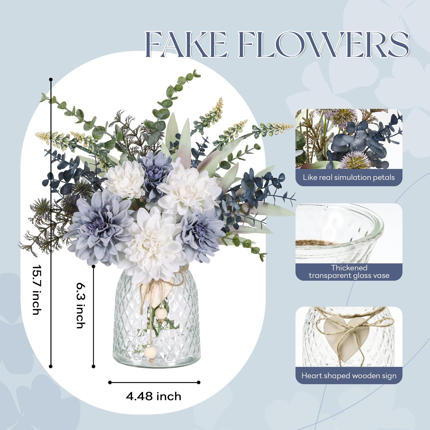 Der Rose Fake Flowers in Vase Silk Artificial Navy Blue Flowers Arrangements with Glass Vase for Dinning Coffee Table Centerpieces Home Kitchen Farmhouse Wedding Decor