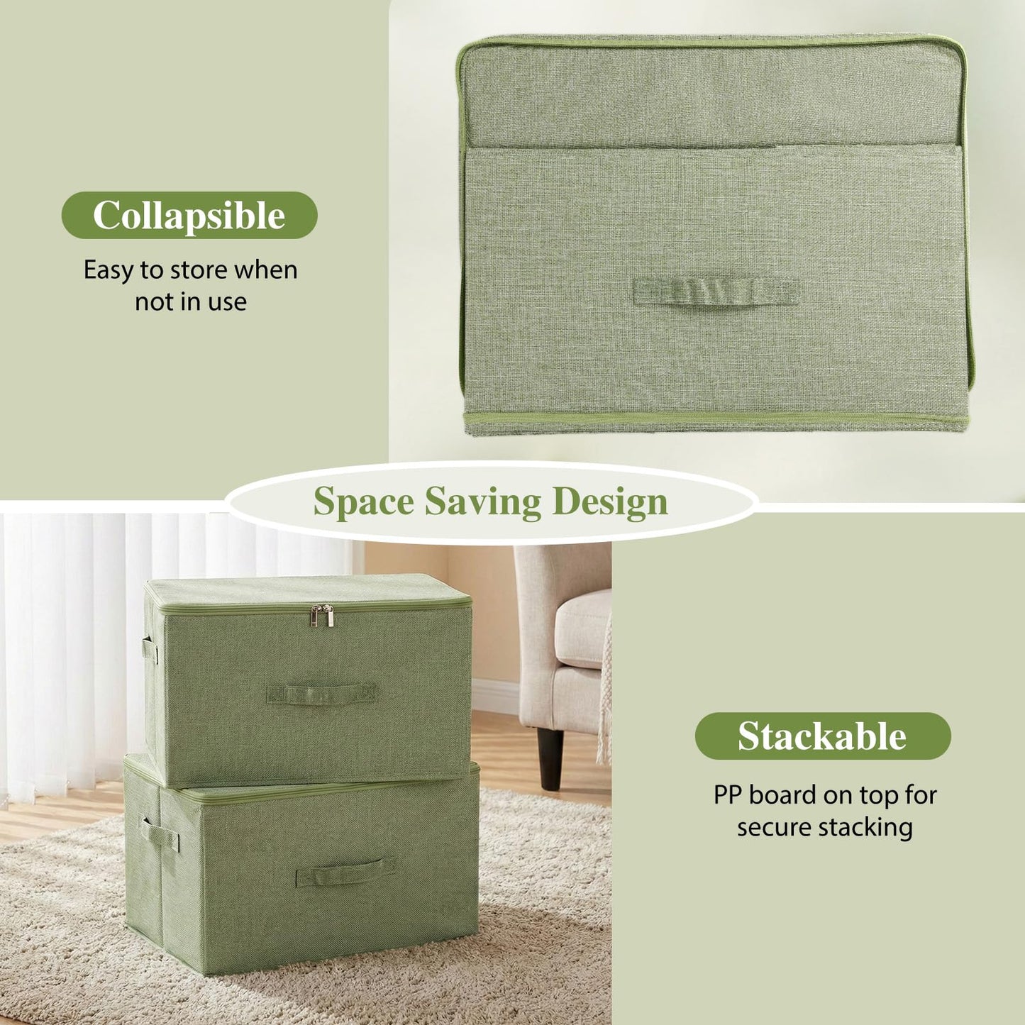ANMINY Storage Bins with Zipper Lids 36 Qt Lidded Fabric Storage Boxes Baskets Cubes with Handles Collapsible Washable Cotton Linen Closet Shelf Clothes Organizer Containers - Green, Large