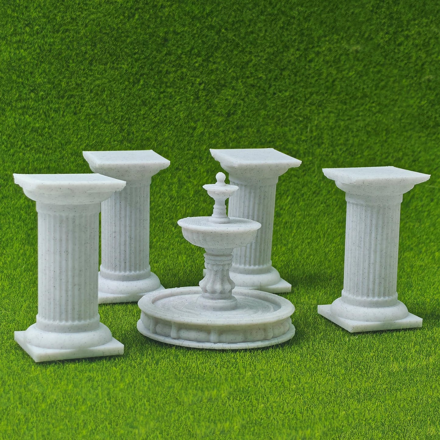 LuckyVin Miniature Roman Columns and Fountain Set, 3D Printed 1:12 Scale Garden Decor, Gray Micro Landscape Accessories for Diorama, Tabletop Terrain and Model Displays (Marble)
