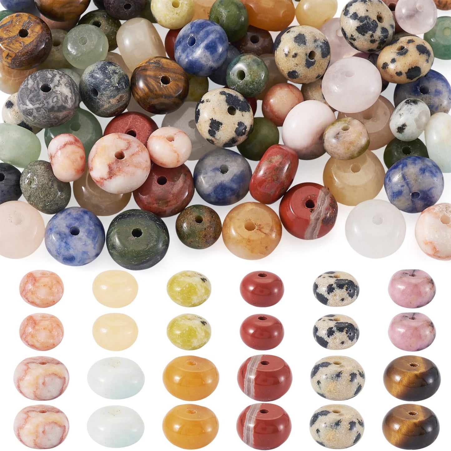 Beadthoven 166pcs Gemstone Rondelle Beads 6mm 8mm Mixed Natural Stone Beads Colorful Energy Healing Crystal Flat Disc Abacus Disk Heishi Spacers for DIY Bracelet Necklace Jewelry Making