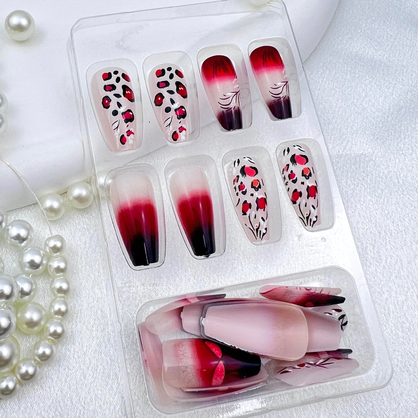 Leopard Print Press on Nails Red Black Gradient Fake Nails Ballerina Square Acrylic False Nails Plant Lines Glossy Reusable Stick on Nail for Women DIY Manicure Decoration 24 Pcs