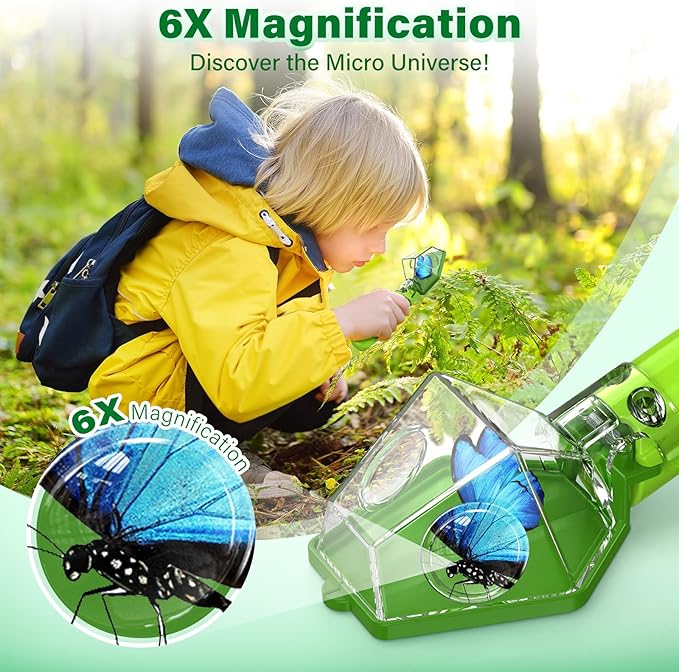 Bug Catcher for Kids, Insect Trap Kit with 6X Magnifier Glass - STEM Educational Exploration Tool for Indoor and Outdoor,Christmas Birthday Gift Toys for Adults, Boys, and Girls, Green