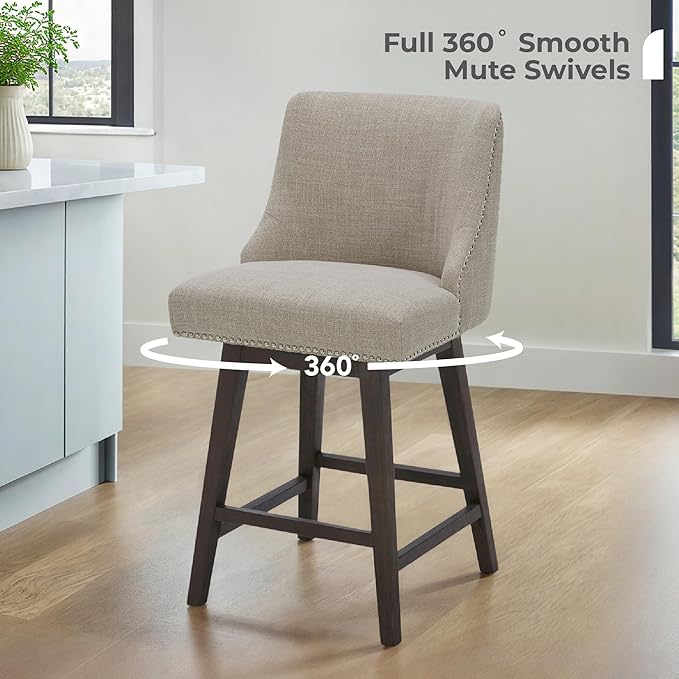 CHITA Counter Height Swivel Bar Stools Set of 4, FSC Certified Upholstered Counter Stools, Modern Swivel Barstools with Wood Legs for Kitchen Island, 26" Seat Height, Fabric in Tan