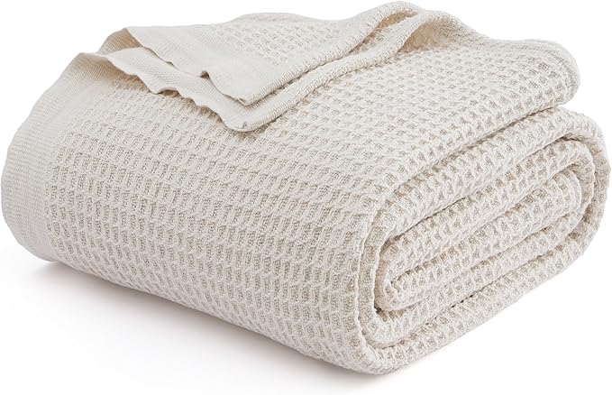 Bedsure 100% Cotton Blanket Queen Size for Bed - Breathable and Soft, Waffle Weave Blanket for Summer Spring, Khaki (a Little Bit Yellow), 90x90 Inches