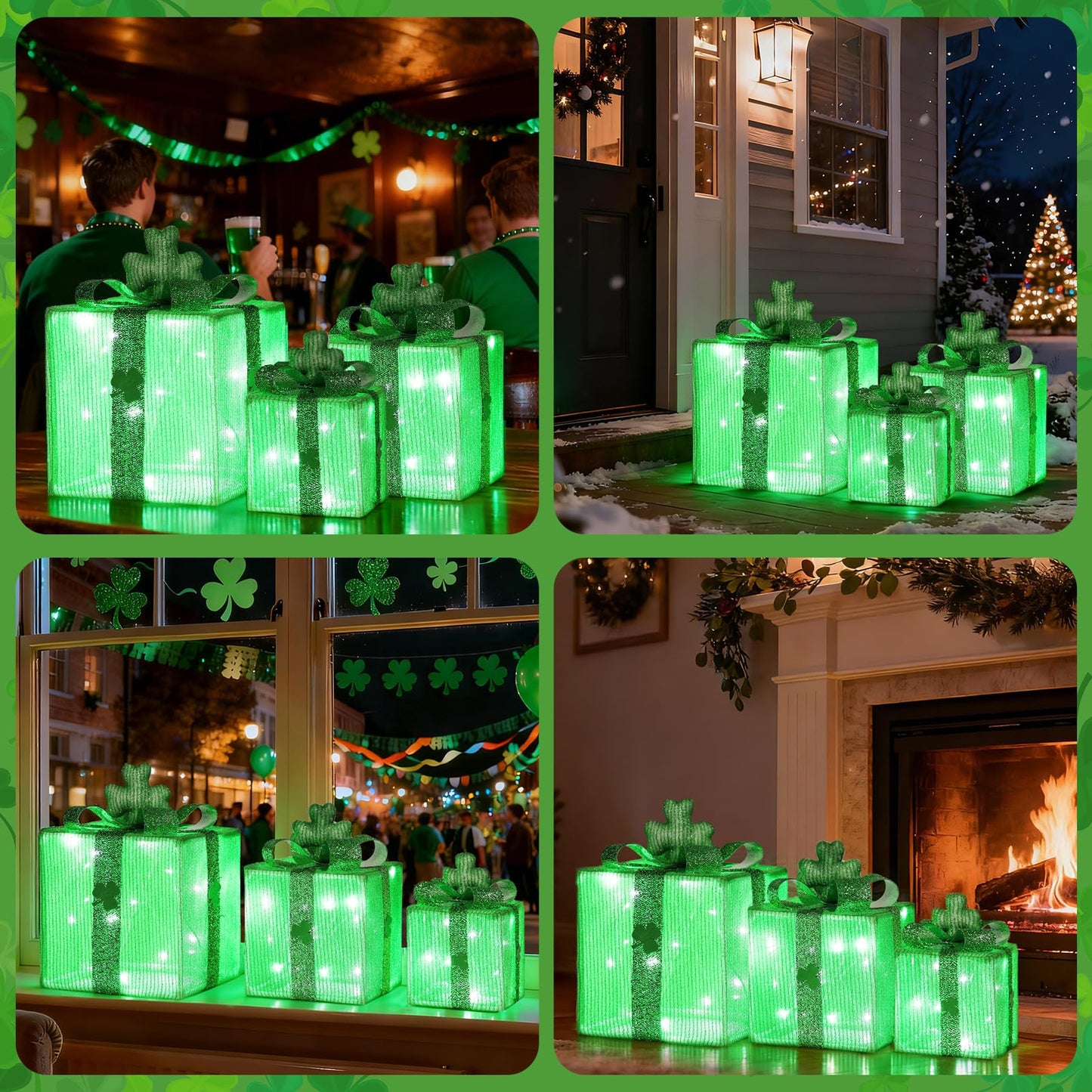 Lewondr St Patricks Day Decorations Lighted Gift Boxes with 3D Shamrocks, Green Decor Light Up Present Boxes for St Patrick's Day, USB Powered + Remote Control Lucky Clover for Indoor Home Holiday