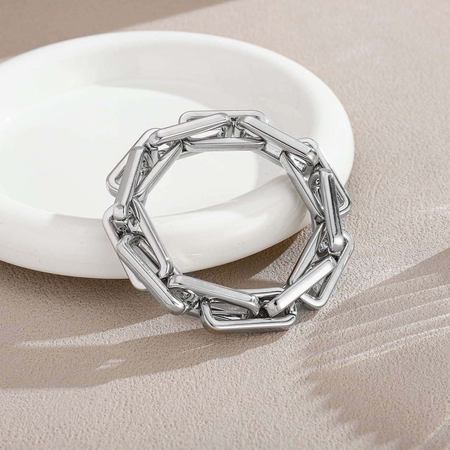 WOWORAMA Silver-Plated Chunky Chain Bracelet for Women Trendy Stretch Square Link Bracelets Paperclip Chain Bracelets Thick Chunky Statement Bracelet