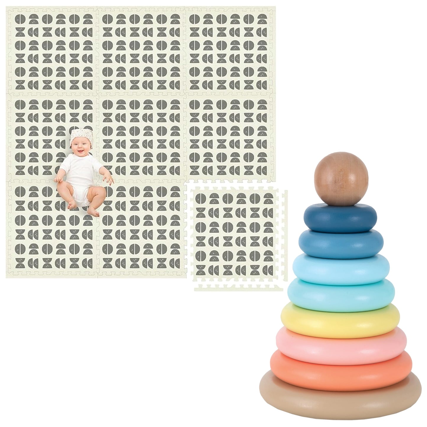 Play Platoon Non-Toxic Kids Play Mats for Floor, Extra-Thick Foam Tiles, Playmat for Toddlers & Childrens Playroom, Wooden Rainbow Stacking Toy Ring Stacker Toy, Educational Interactive Learning Toys