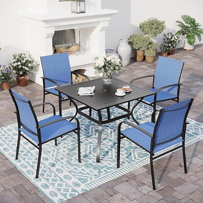 5 Piece Patio Dining Set for 4, 37”x37” Square Table with Umbrella Hole and 4 Metal Blue Chairs, Outdoor Table and Chairs Set for Lawn Backyard and Deck