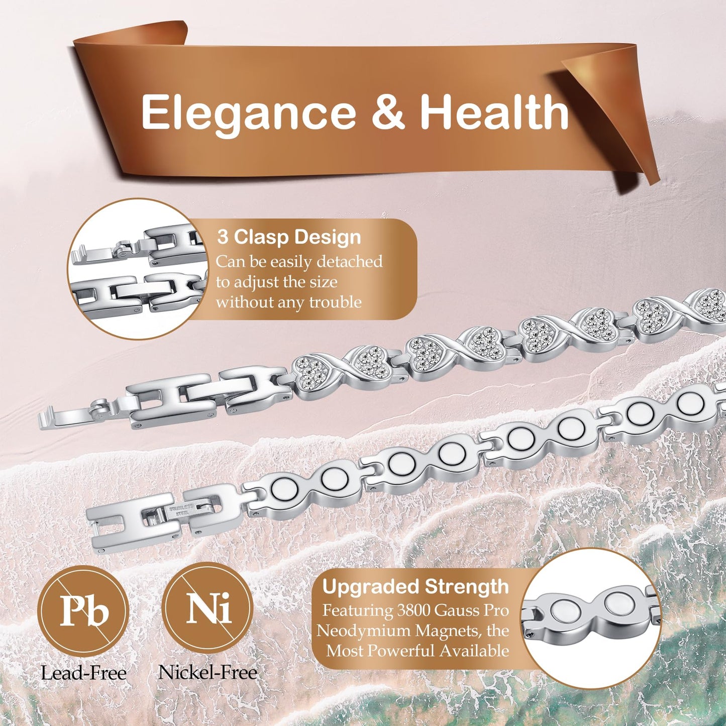 Feraco Ultra Strength Magnetic Bracelets for Women with 3800 Gauss Magnets, Stainless Steel Magnet Bracelet, Adjustable with Sizing Tool