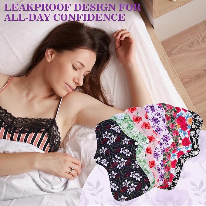 PHOGARY Reusable Menstrual Pads, Washable Overnight Cloth Panty Liners, 7pcs Bamboo Cloth Large Sanitary Pads for Heavy Flow with 1pc Wet Bag