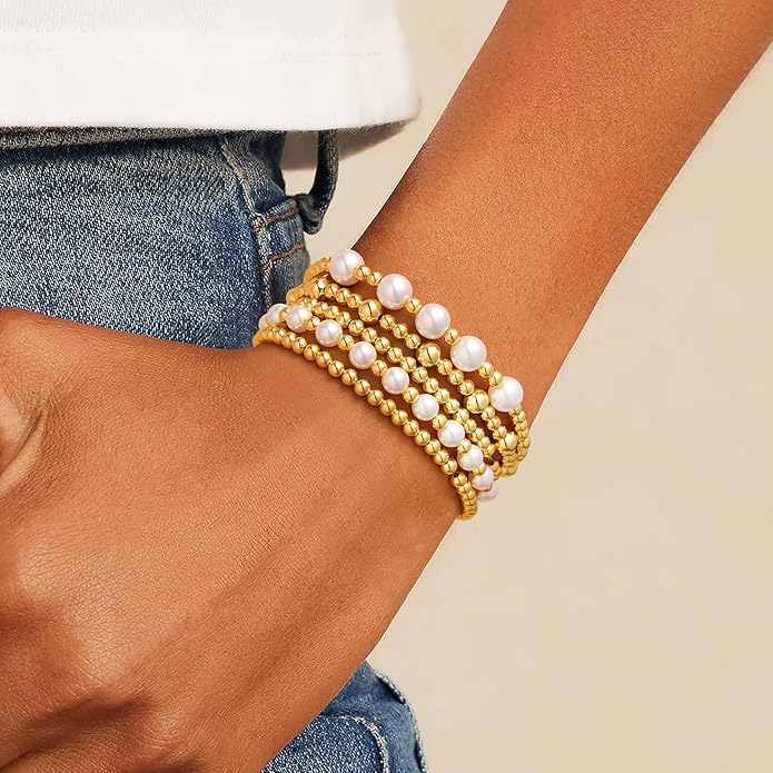 M MOOHAM Gold Beaded Bracelets for Women - 14k Real Gold Plated Beaded Pearl Bracelet Set Stack for Women Trendy Non Tarnisn, Adjustable Stretch Bracelet Jewelry Gifts for Teen Girls Women