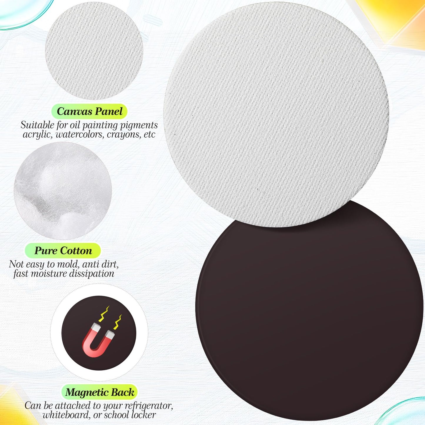 Nezyo 75 Pieces Magnetic Painting Canvas Panel Mini Canvas Boards Mini Canvases Tile Art for Painting Magnetic Fridge Locker Art Paints Crafts DIY Kit(Round,4 Inch)