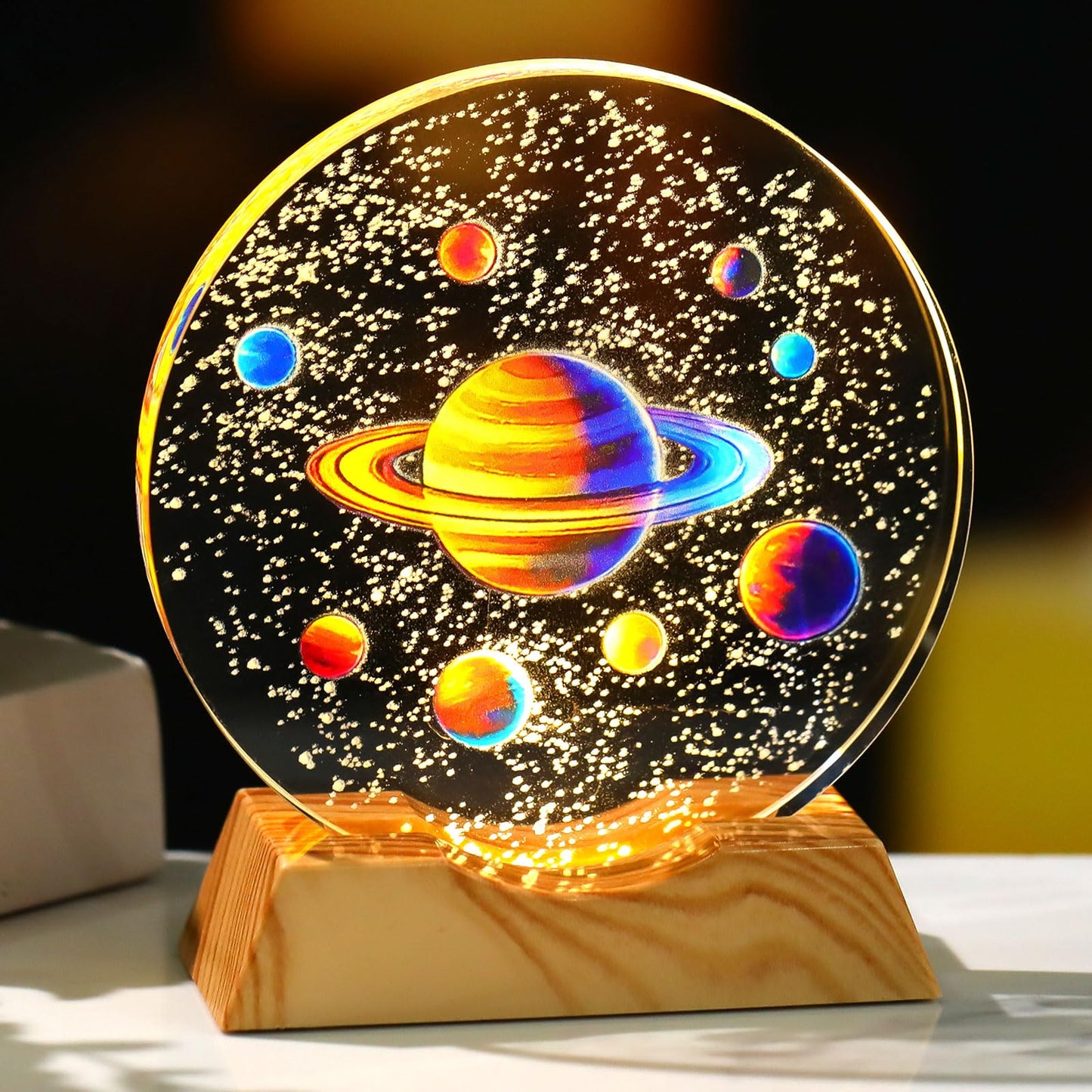BJSYLTEK 3D Crystal Space Night Light, Saturn Planetary Galaxy Lamp for Kids & Space Lovers, LED Cosmic Decor Nightlight as Astronaut Gift for Bedroom/Desk（10cm/3.94in）