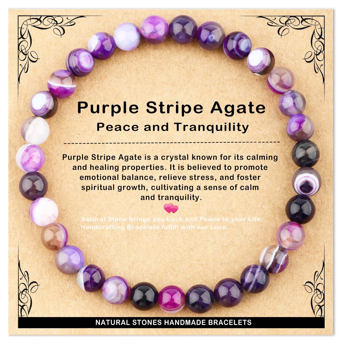 AD Beads 6mm Handmade Purple Stripe Agate Elastic Bracelet – Natural Gemstone for Peace and Tranquility – Meditation, Yoga, Healing and Energy Gift for Men Women