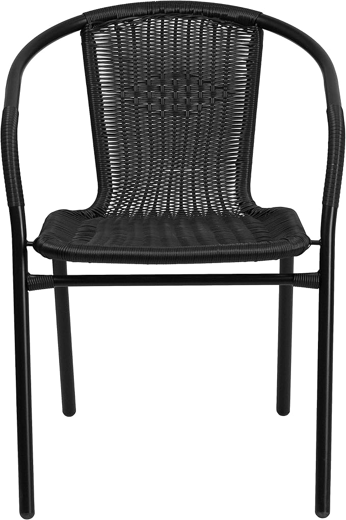 EMMA + OLIVER Set of 4 Modern Rattan Indoor/Outdoor Stack Chairs, Stacking Rattan Patio Chairs with Curved Back and Cross Bracing, Black