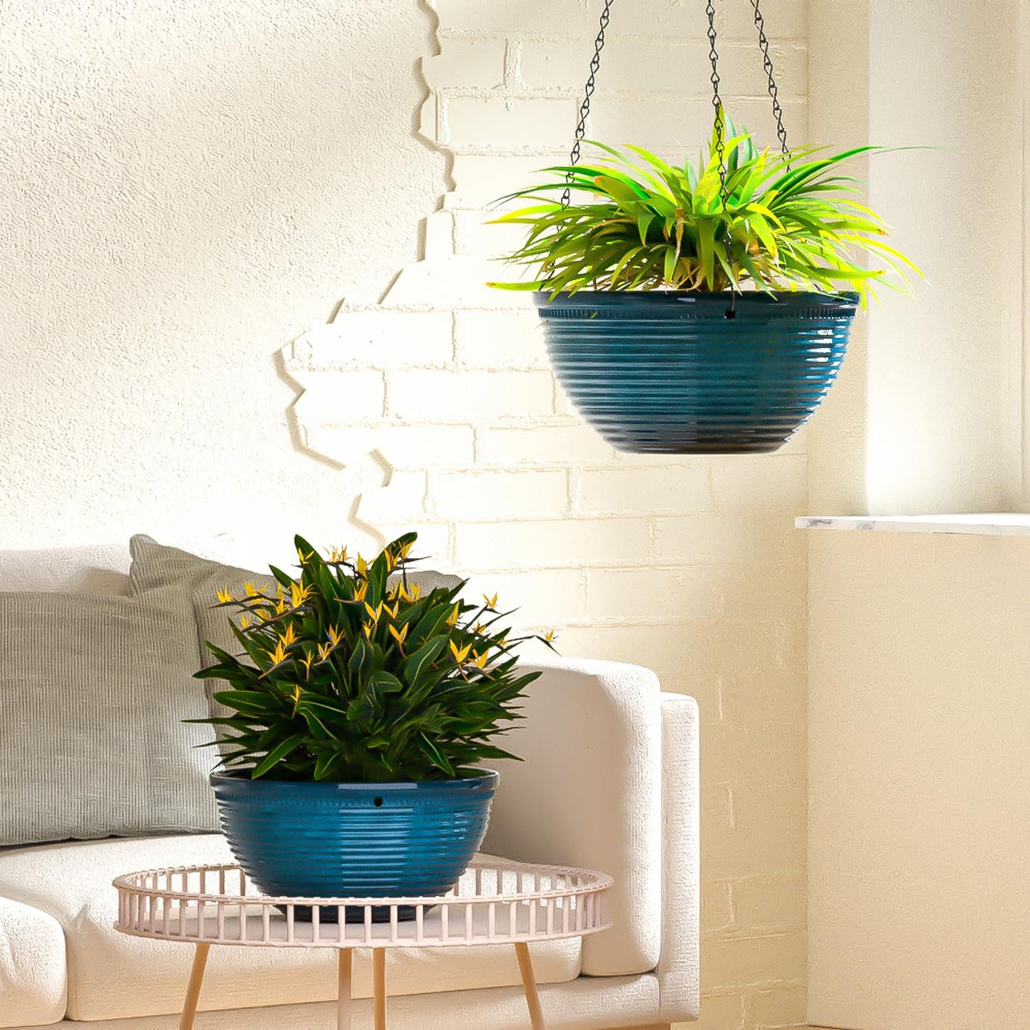 Vanslogreen 2 Pack Hanging Planters for Indoor Outdoor Plants, 10 Inch Hanging Planter with Drainage Hole & Plug Glazed Hanging Baskets Flower Pots for Garden Home (Blue)