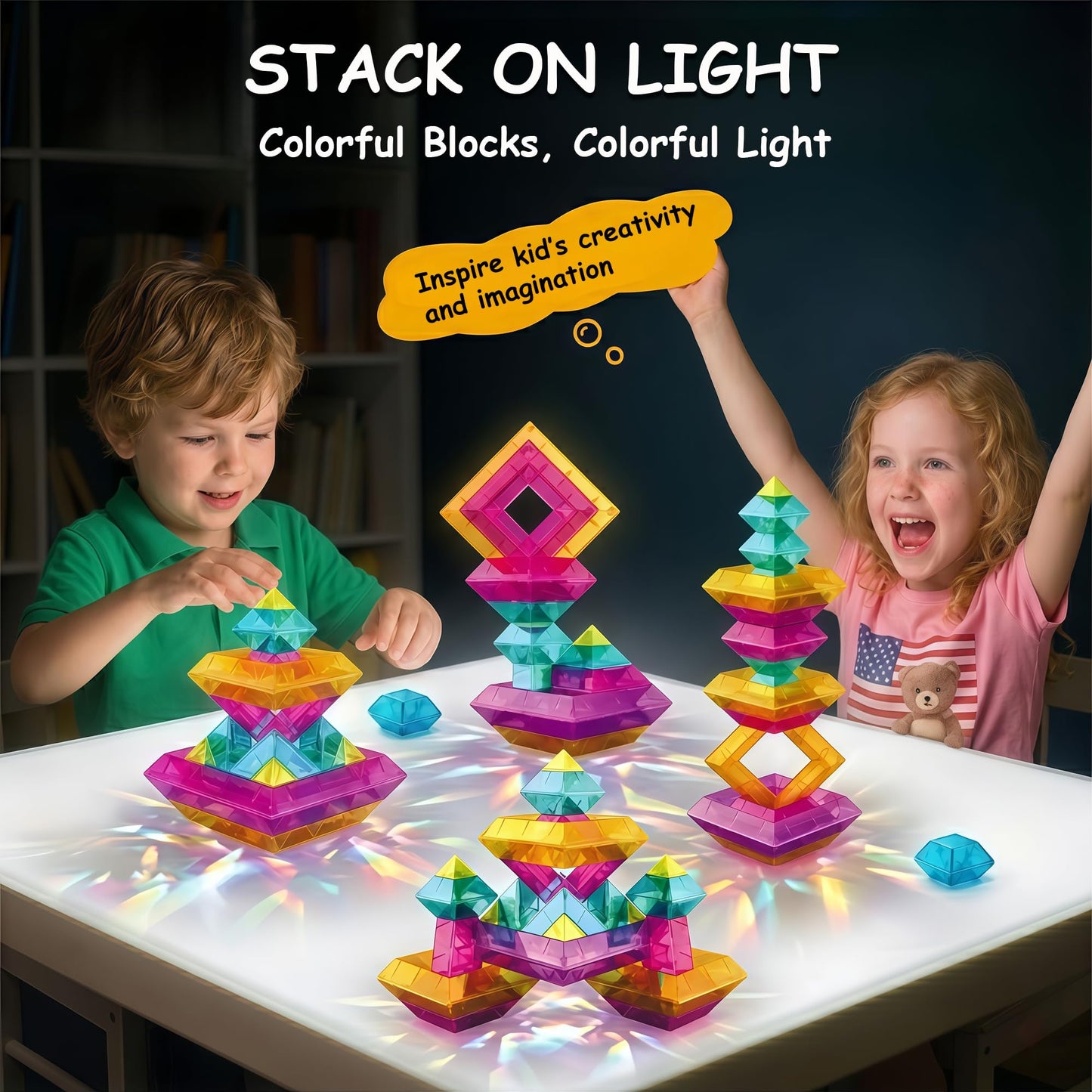TEANXU 48 PCS Building Blocks Set for Kids, STEM Preschool Learning Stacking Toys for Toddlers Ages 3 4 5 6 - Pyramid Stacking Blocks with Storage Bag - Light Table Compatible