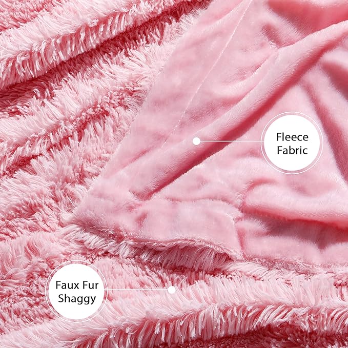 Tuddrom Decorative Extra Soft Faux Fur Throw Blanket 50"x60",Solid Reversible Fuzzy Double Layers Long Hair Shaggy Blanket,Fluffy Cozy Plush Fleece Comfy Microfiber Blanket for Couch Sofa Bed,Pink