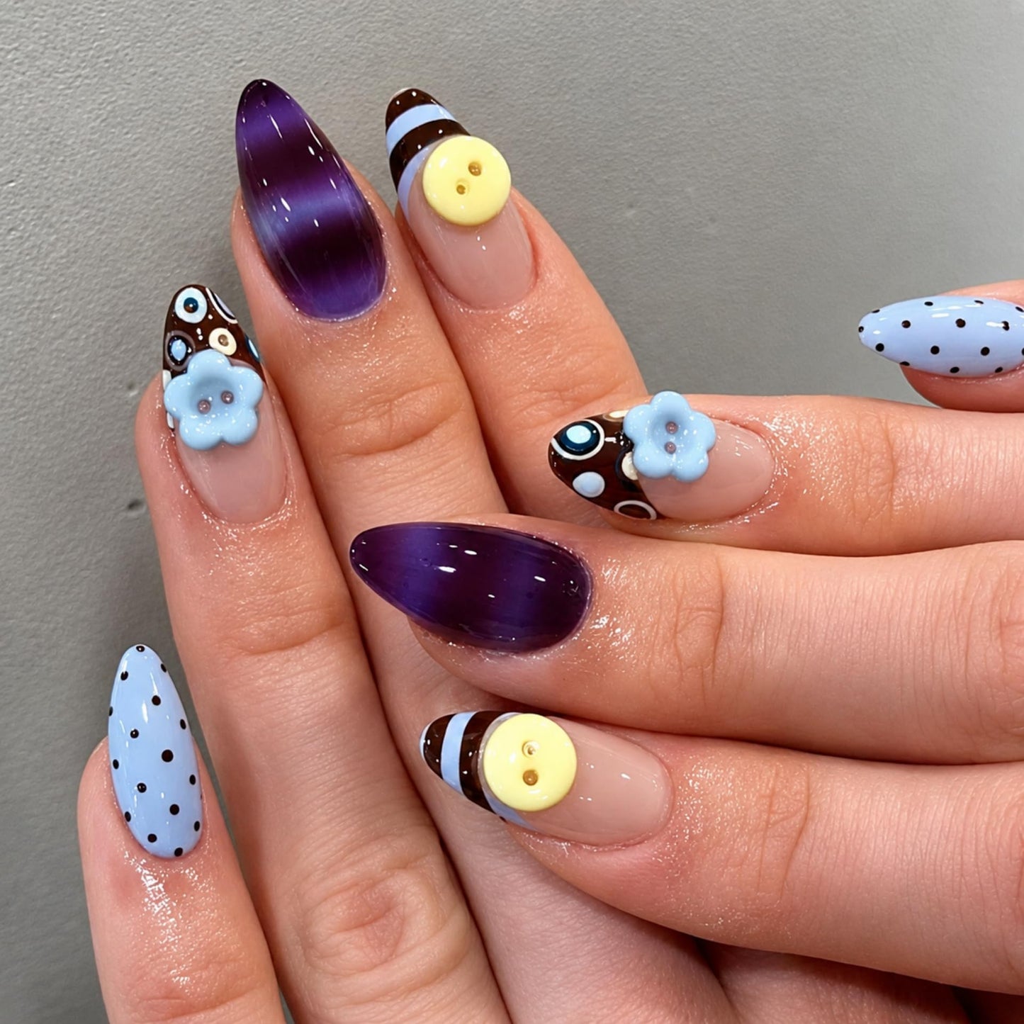 Long Press on Nails Almond Fake Nails Multicolor Artificial Nail Button Flower Polka Dot Purple Beach Glossy Stick on Nail Retro Cute Salon Look for Women 24pcs