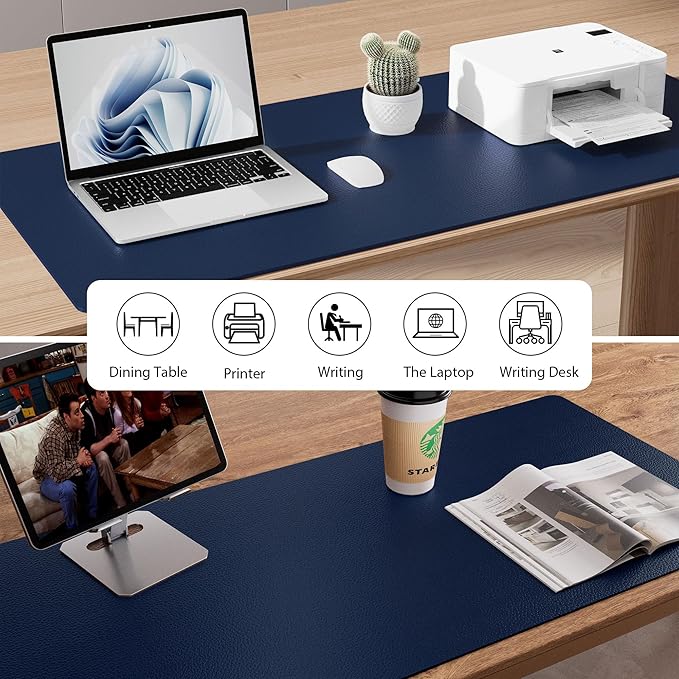 Aothia Leather Desk Pad Protector, Mouse Pad, Office Desk Mat, Non-Slip PU Leather Desk Blotter, Laptop Desk Pad, Waterproof Desk Writing Pad for Office and Home(Dark Blue,31.5" x 15.7")