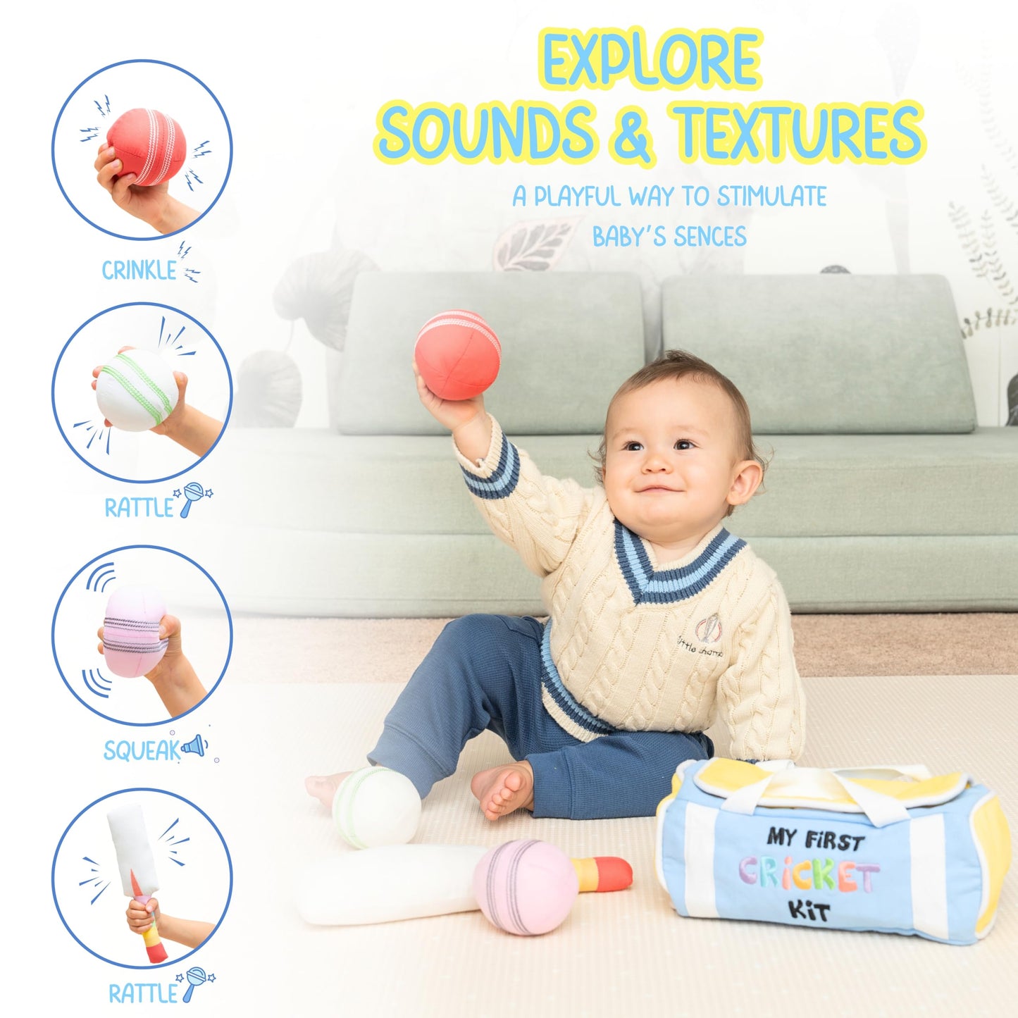 My First Cricket Kit | Mini Cotton Soft Plush Toy | Gift 0 to 18 Months Baby | 3 Soft Sensory Cricket Balls – Rattle, Crinkle, Squeaker & 1 Rainbow Rattle Cricket Bat | Safe, Fun, Educational