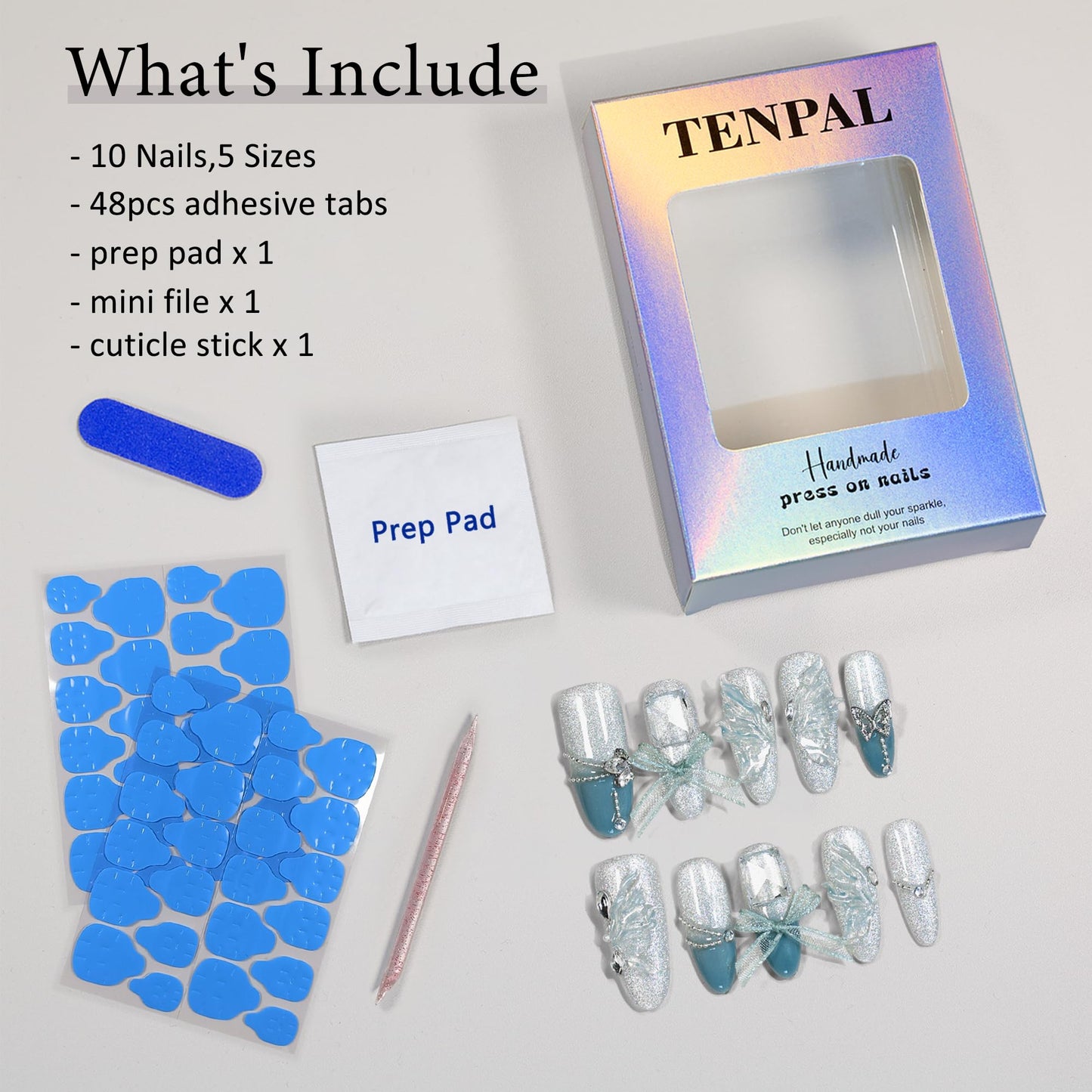 TENPAL French Tip Press on Nails Medium Almond Jade Green Butterfly Designs Fake Nails With Smoothie Cat Eye Handmade Acrylic False Nails Press Ons 10pcs/Box Ballet Nails For Women Spring Summer(S)