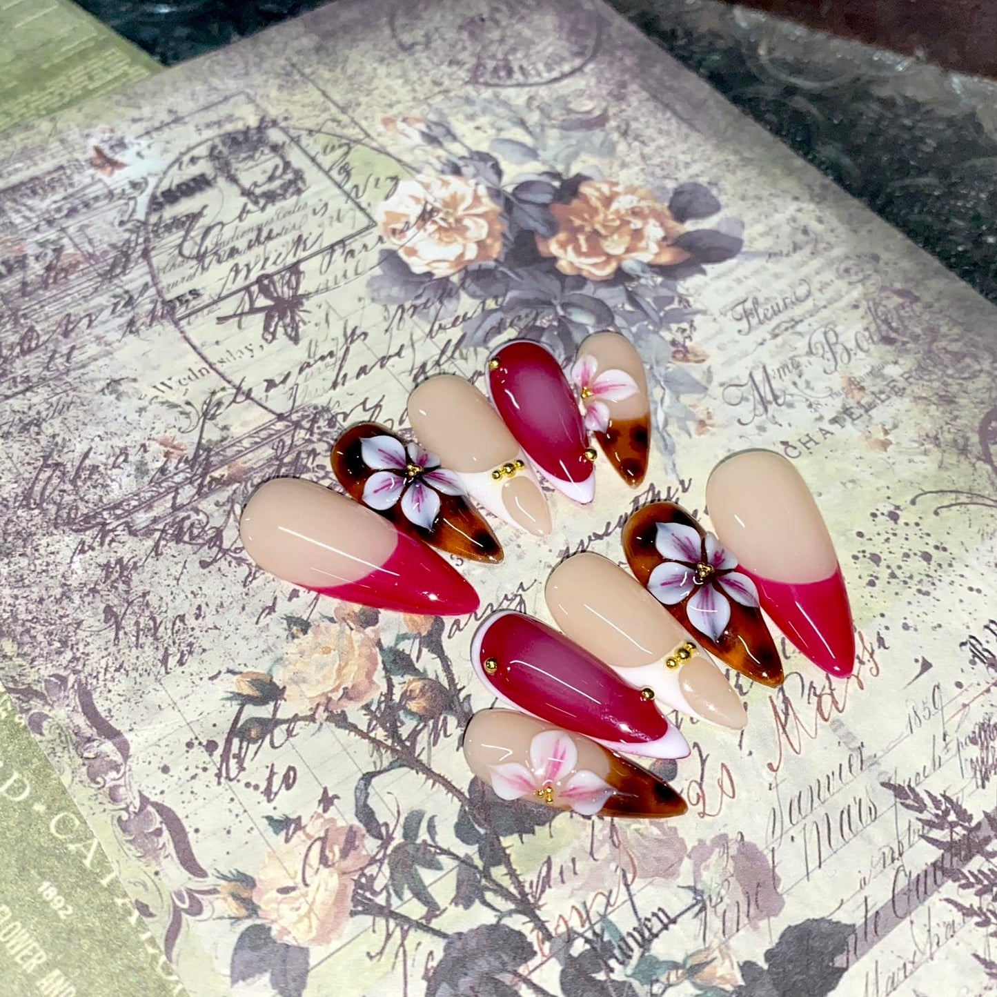 DreamRunNails Handmade Press on Nails, Medium Oval Shape with 3D Rhinestone and Hand Painted Floral Design, Reusable Acrylic Fake Nails, Pink Brown Nude