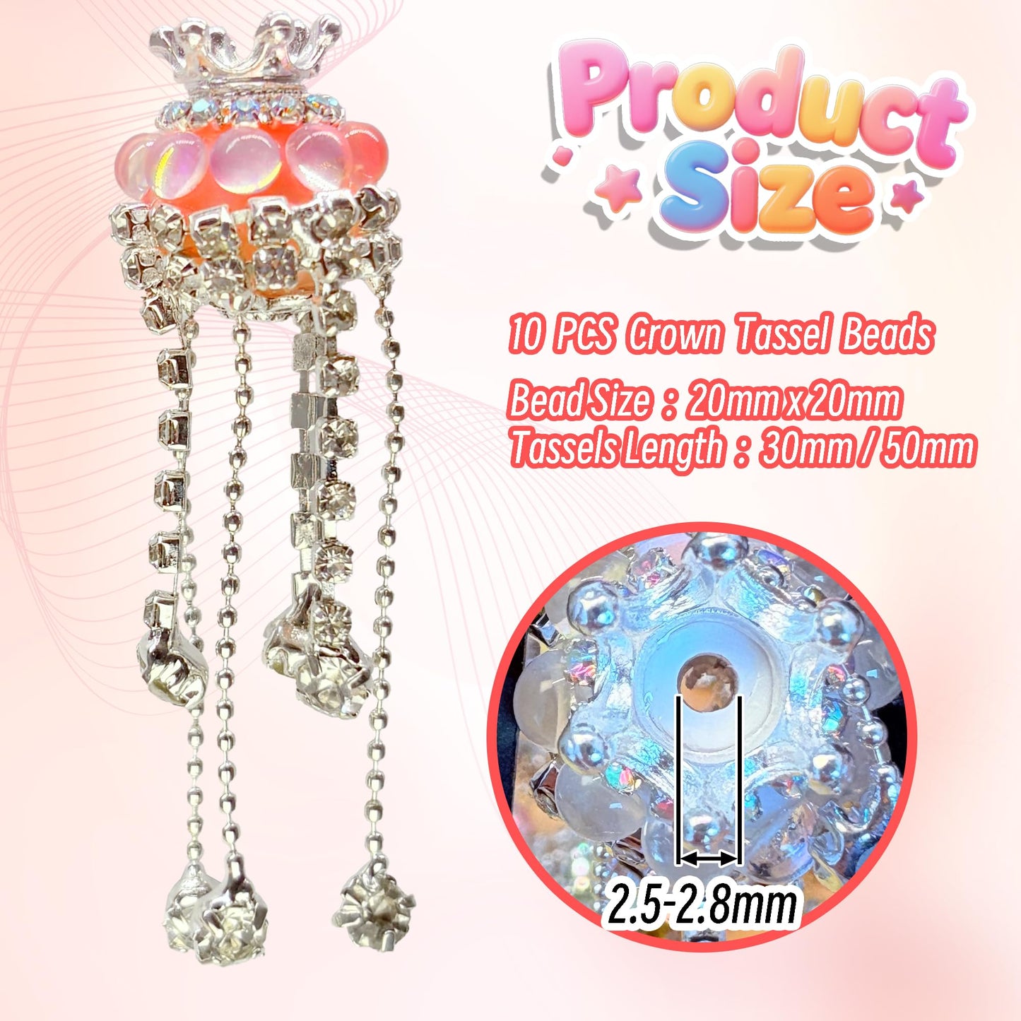 10pcs Rhinestone Focal Beads for Pens, Sparkling Crystal Crown-Shaped Designs with Tassels, Fancy Beads for DIY Jewelry Making Keychains Crafts Holiday Decorations