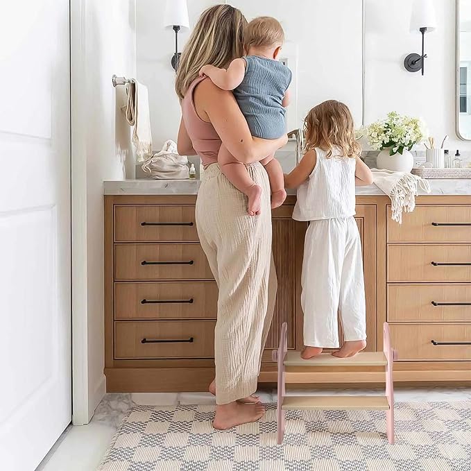Wooden 2 Step Stool for Kids Bathroom Sink Foldable Anti-Slip 2-Step for Toilet Potty Training, Child Stepping Stool for Kitchen Nursery Bedroom, Sturdy Non Slip Adult Stool for Closet Pink