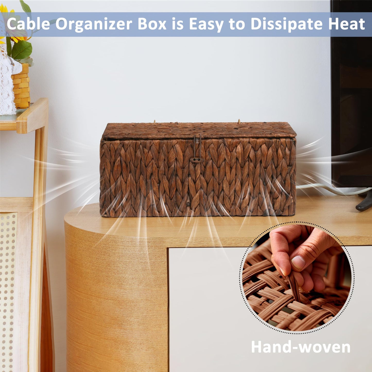efluky 2 Pack Hand-Woven Cable Management Boxes, Water Hyacinth Cord Organizer Box with Lid, 2 Open Slots Cable Organizer Basket to Hide Power Strip and Charger for Home & Office and Dorm,Brown