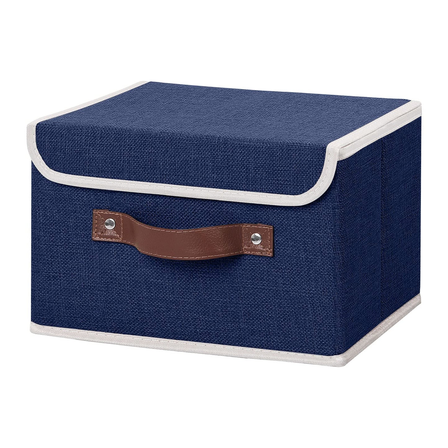 ANMINY Storage Bin with Lid Storage Boxes with PU Leather Handles PP Plastic Board Decorative Foldable Lidded Cotton Linen Fabric Home Cubes Baskets Closet Organizer Container - Blue, Small Size
