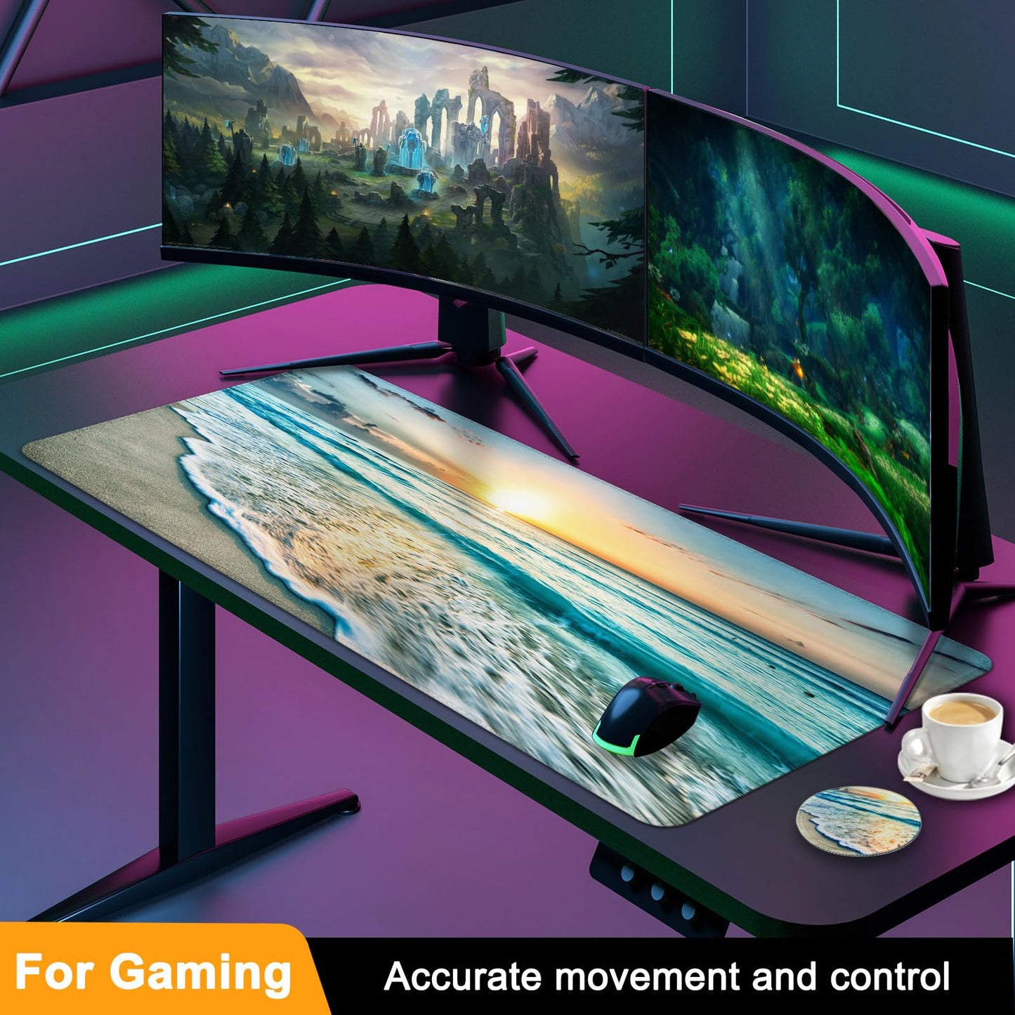 Large Gaming Mouse Pad with Coaster, Desk Matt for Desktop, Desk Pad, Mouse Pads Mat, Stitched Edges Big Extended Mousepad for Computer Keyboard Laptop Office Decor, 31.5'' x15.6''-Beach